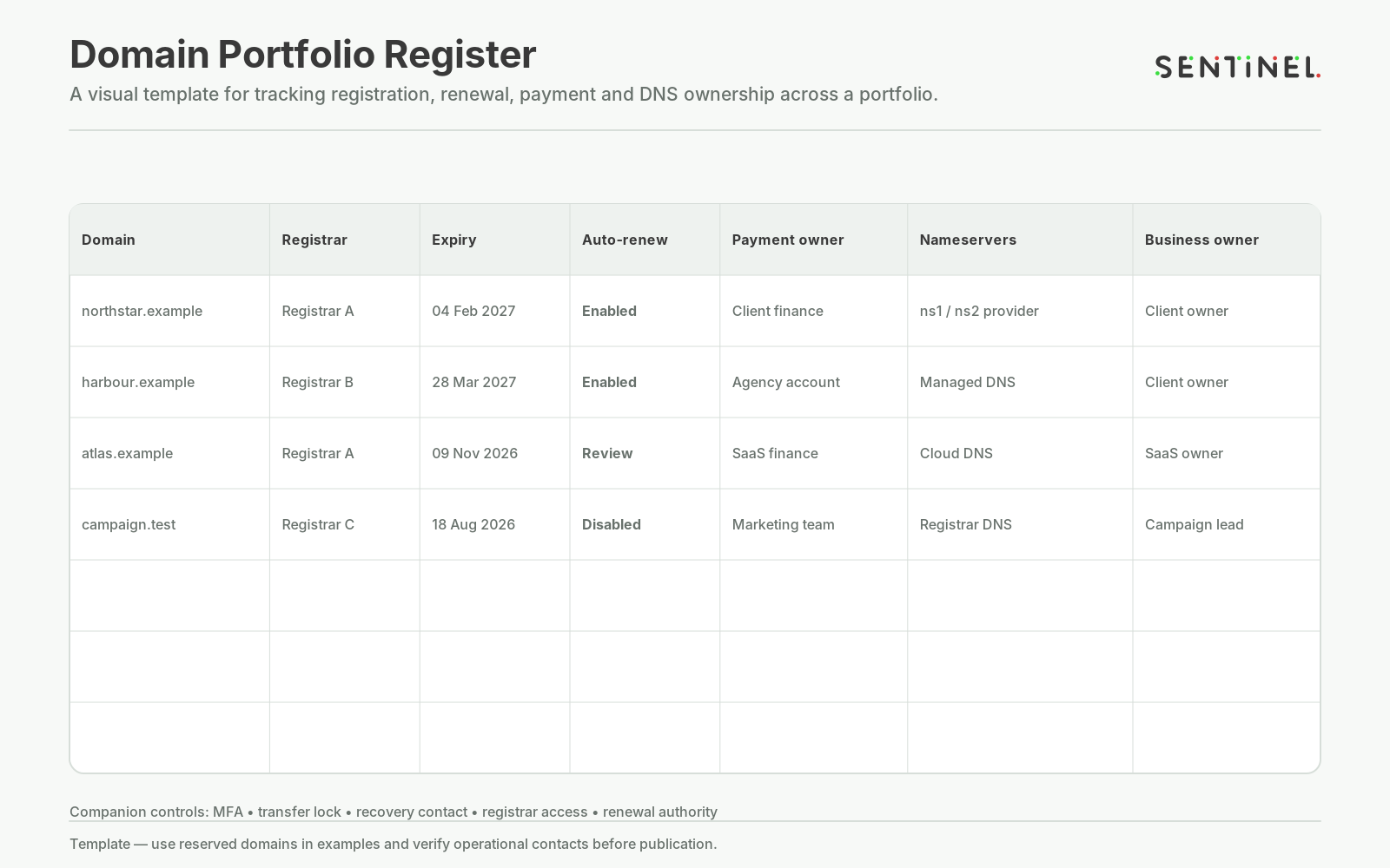 DNS and Domain Monitoring: Protect the Infrastructure Behind Your Website 2 Domain Portfolio Register table with domain, registrar, expiry, auto-renew, payment owner, nameservers and business owner columns, plus blank rows.